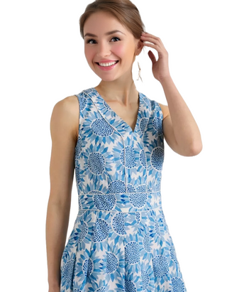 Women's Sleeveless Villa Garden Dress in Blue Sunflower