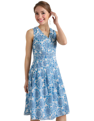 Women's Sleeveless Villa Garden Dress in Blue Sunflower