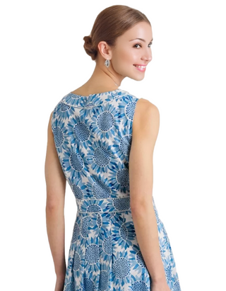 Women's Sleeveless Villa Garden Dress in Blue Sunflower