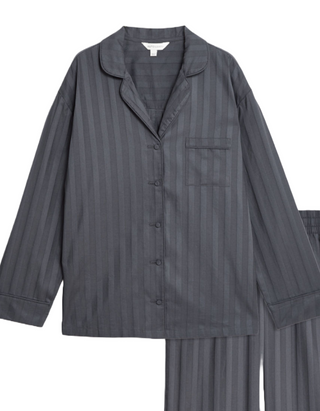 Women's Autograph Pure Cotton Sateen Striped Pyjama Set in Charcoal