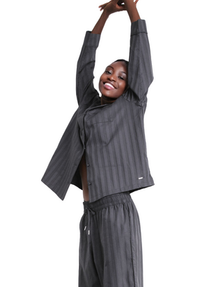 Women's Autograph Pure Cotton Sateen Striped Pyjama Set in Charcoal