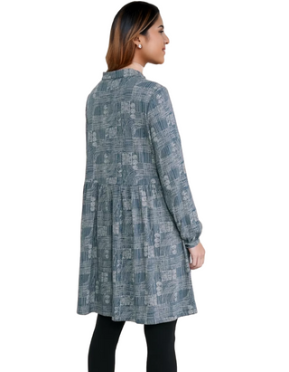 Women's Selven Dress in Blue Hatched Landscape Deep Tea