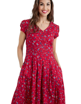 Women's Short Sleeve Villa Garden Tea Dress in Dahila Red