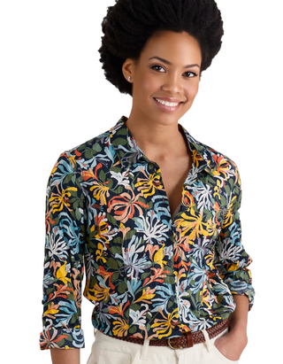 Women's Larissa Organic Cotton Shirt in Honeysuckles Martime (IMPERFECT)