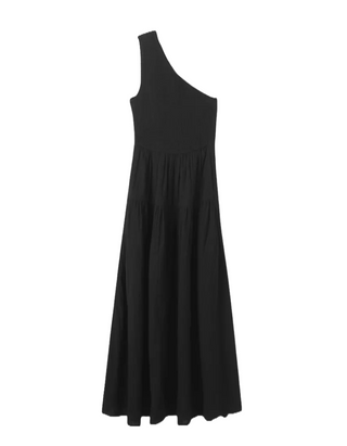 Women's Cheesecloth Shirred One Shoulder Maxi Dress in Black (IMPERFECT)