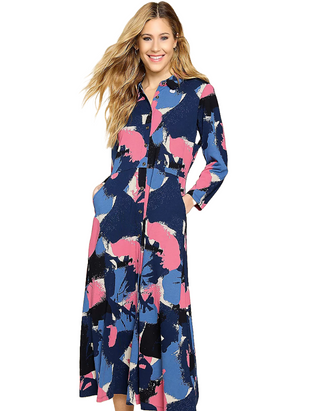 Women's Ada Printed 3/4 Sleeve Shirt Dress in Navy Multi