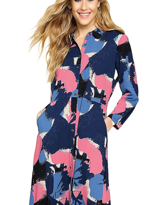 Women's Ada Printed 3/4 Sleeve Shirt Dress in Navy Multi