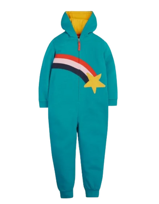 Frugi Kids Shooting Star Rainbow Applique Snuggle Suit in Camper blue