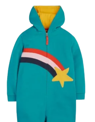 Frugi Kids Shooting Star Rainbow Applique Snuggle Suit in Camper blue