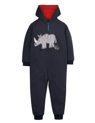 Frugi Kids Rhino Applique Snuggle Suit in Indigo Blue and Red