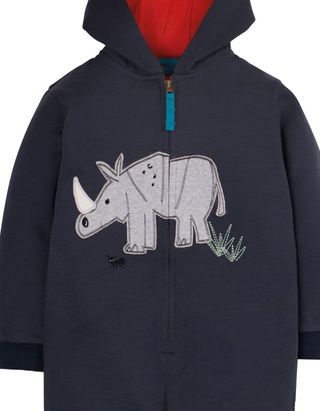 Frugi Kids Rhino Applique Snuggle Suit in Indigo Blue and Red