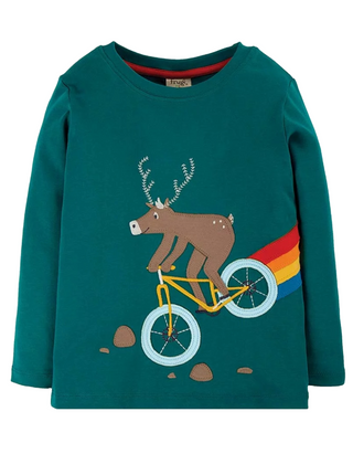 Frugi Boy's Adventure Applique Top in Teal Green/Deep Spruce Moose