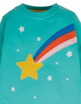 Frugi Girl's Adventure Applique Shooting Star Top in Aqua and Rainbow