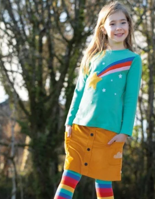 Frugi Girl's Adventure Applique Shooting Star Top in Aqua and Rainbow