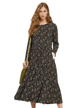 Women's Long Sleeve Poppy Jersey Midi Dress in Black Multi