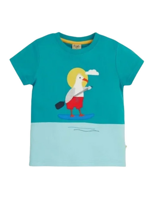 Frugi Girl's Little Penryn Panel Applique T-shirt in Blue Seagull