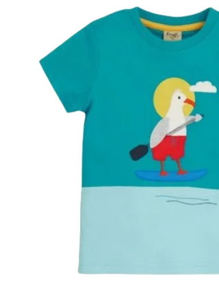 Frugi Girl's Little Penryn Panel Applique T-shirt in Blue Seagull