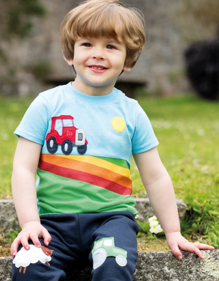 Frugi Boy's Short Sleeve Applique Tractor T-Shirt in Blue