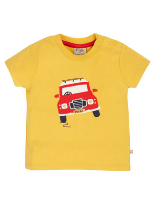 Frugi Kids Short Sleeve Scout Applique Top in  Bumblebee/Vehicle