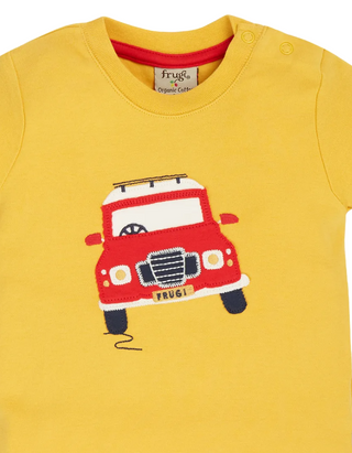 Frugi Kids Short Sleeve Scout Applique Top in  Bumblebee/Vehicle