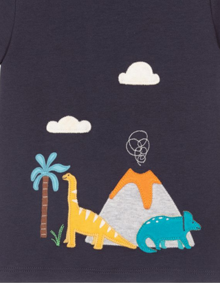 Frugi Kids Short Sleeve James Applique T-Shirt in Indigo/Dinos