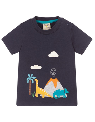 Frugi Kids Short Sleeve James Applique T-Shirt in Indigo/Dinos