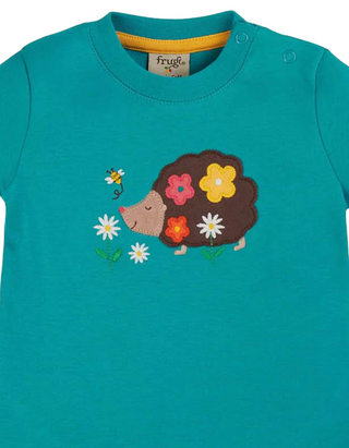 Frugi Girl's Hedgehog Little Creature Applique Top in Camper Blue