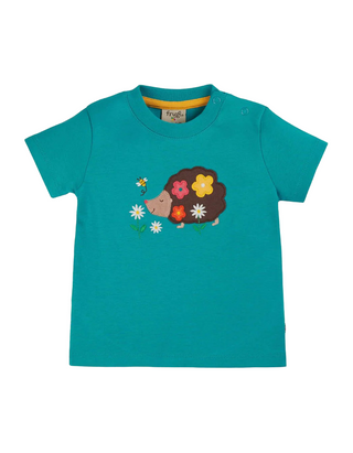 Frugi Girl's Hedgehog Little Creature Applique Top in Camper Blue