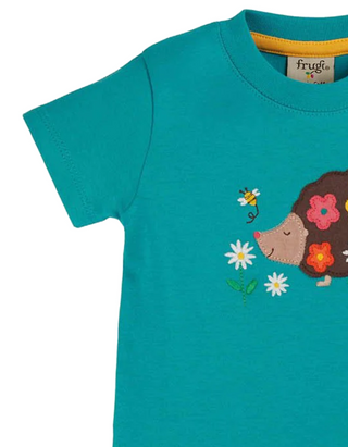 Frugi Girl's Hedgehog Little Creature Applique Top in Camper Blue