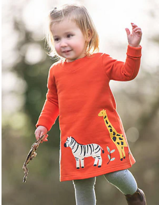 Frugi Girl's Easy On Sweat Dress in Orange Bonfire/Zoo