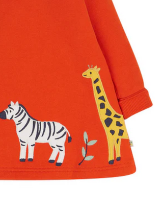 Frugi Girl's Easy On Sweat Dress in Orange Bonfire/Zoo