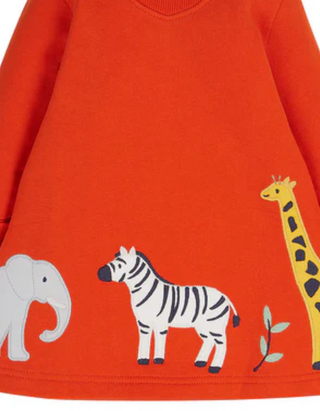 Frugi Girl's Easy On Sweat Dress in Orange Bonfire/Zoo