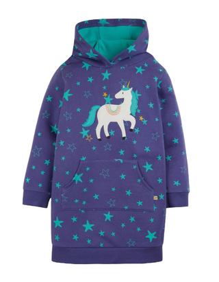 Frugi Girl's Long Sleeve Henrietta Applique Hoody Dress in Mussel Purple/Unicorn (Slightly Defect)