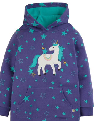 Frugi Girl's Long Sleeve Henrietta Applique Hoody Dress in Mussel Purple/Unicorn (Slightly Defect)