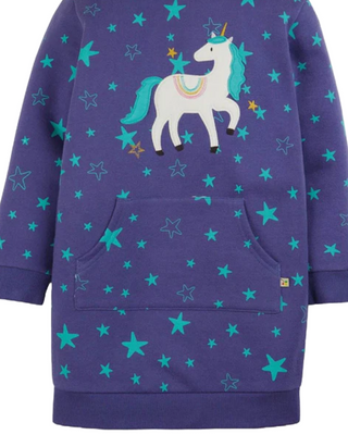 Frugi Girl's Long Sleeve Henrietta Applique Hoody Dress in Mussel Purple/Unicorn (Slightly Defect)