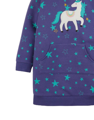 Frugi Girl's Long Sleeve Henrietta Applique Hoody Dress in Mussel Purple/Unicorn (Slightly Defect)