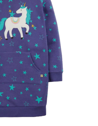 Frugi Girl's Long Sleeve Henrietta Applique Hoody Dress in Mussel Purple/Unicorn (Slightly Defect)