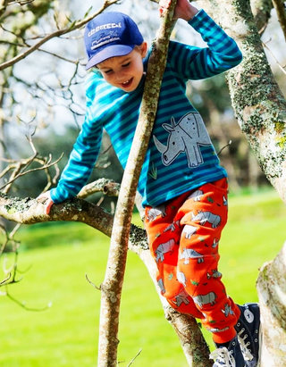 Frugi Boy's Full Length Printed Snug Joggers in Orange/Rhino Walks