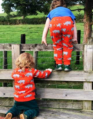 Frugi Boy's Full Length Printed Snug Joggers in Orange/Rhino Walks