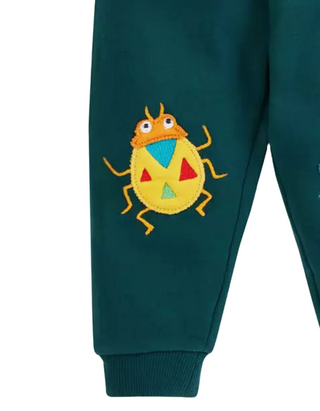 Frugi Kids Character Applique Crawlers Joggers in Green/Fir Tree Bugs