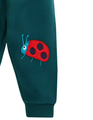 Frugi Kids Character Applique Crawlers Joggers in Green/Fir Tree Bugs