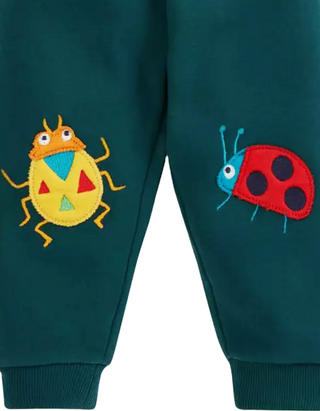 Frugi Kids Character Applique Crawlers Joggers in Green/Fir Tree Bugs