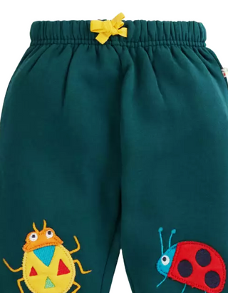 Frugi Kids Character Applique Crawlers Joggers in Green/Fir Tree Bugs