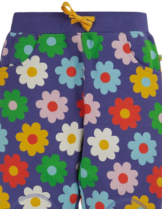 Frugi Girl's Cotton Floral Crawlers Joggers in Daisy Purple Flowers Power