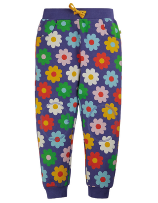 Frugi Girl's Cotton Floral Crawlers Joggers in Daisy Purple Flowers Power