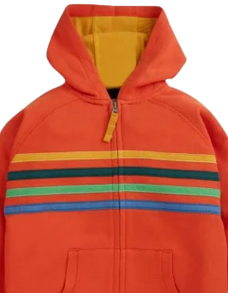 Frugi Boy's Hayle  Rainbow Zip Up Hoodie in Orange with Rainbow Stripe