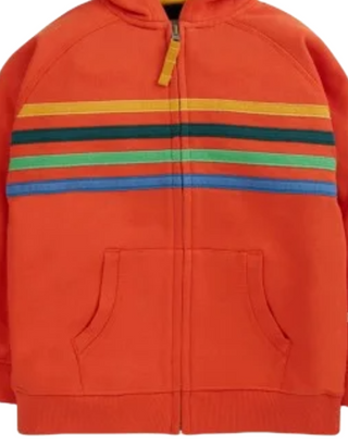 Frugi Boy's Hayle  Rainbow Zip Up Hoodie in Orange with Rainbow Stripe