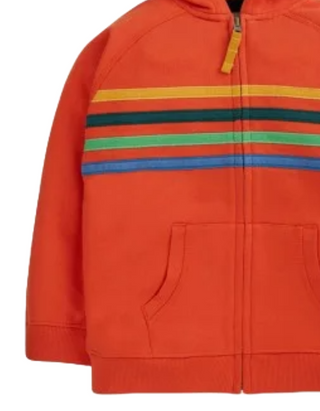 Frugi Boy's Hayle  Rainbow Zip Up Hoodie in Orange with Rainbow Stripe