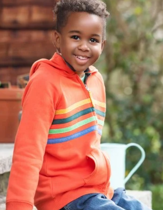 Frugi Boy's Hayle  Rainbow Zip Up Hoodie in Orange with Rainbow Stripe