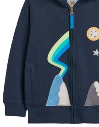 Frugi Boy's Long Sleeve Zip Up Luka Embroidered Hoodie in Indigo/Mountains